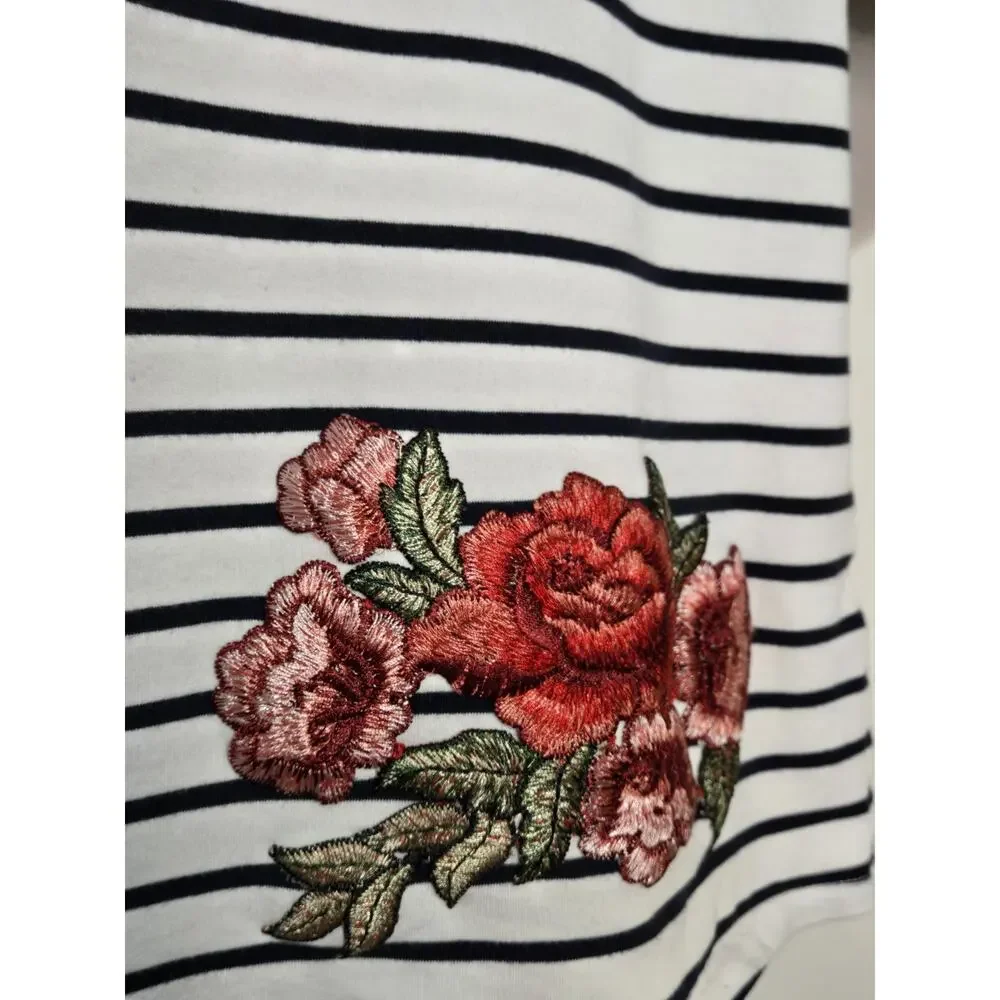 FEVER Women's Striped 3/4 Flared Sleeve Knit Top 2X Navy Blue White Floral Boho - Picture 9 of 13